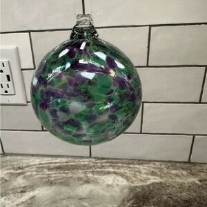 Kitras Handblown Art Glass Ball / Wish Ball Green Purple White